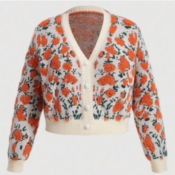 SHEIN Sweaters - Cream and Orange Floral V-Neck Cropped Cardigan Sweater Large